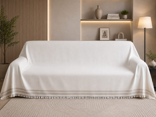 Ivory| مفرش أوف وايت بخطين بيج مزدوج على الطرفين