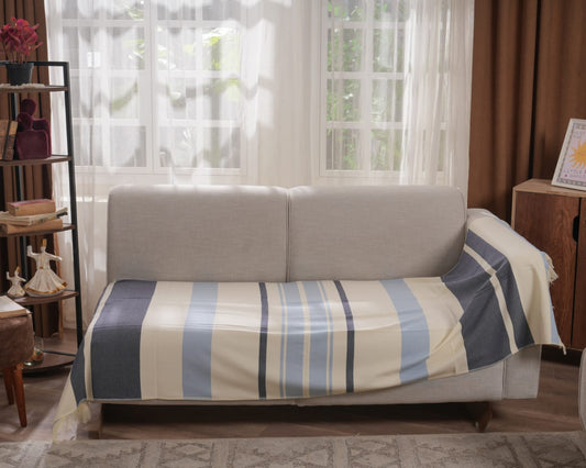 Sunset Cover - مفرش بلون كريمي مع خطوط زرقاء وخطوط لون الجينز