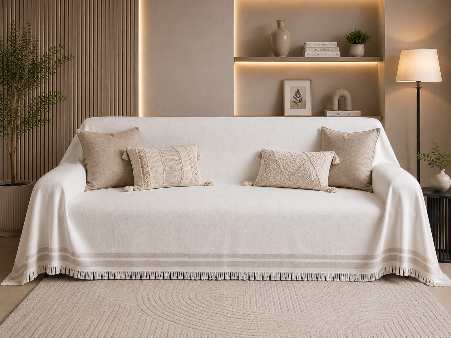 Ivory| مفرش أوف وايت بخطين بيج مزدوج على الطرفين